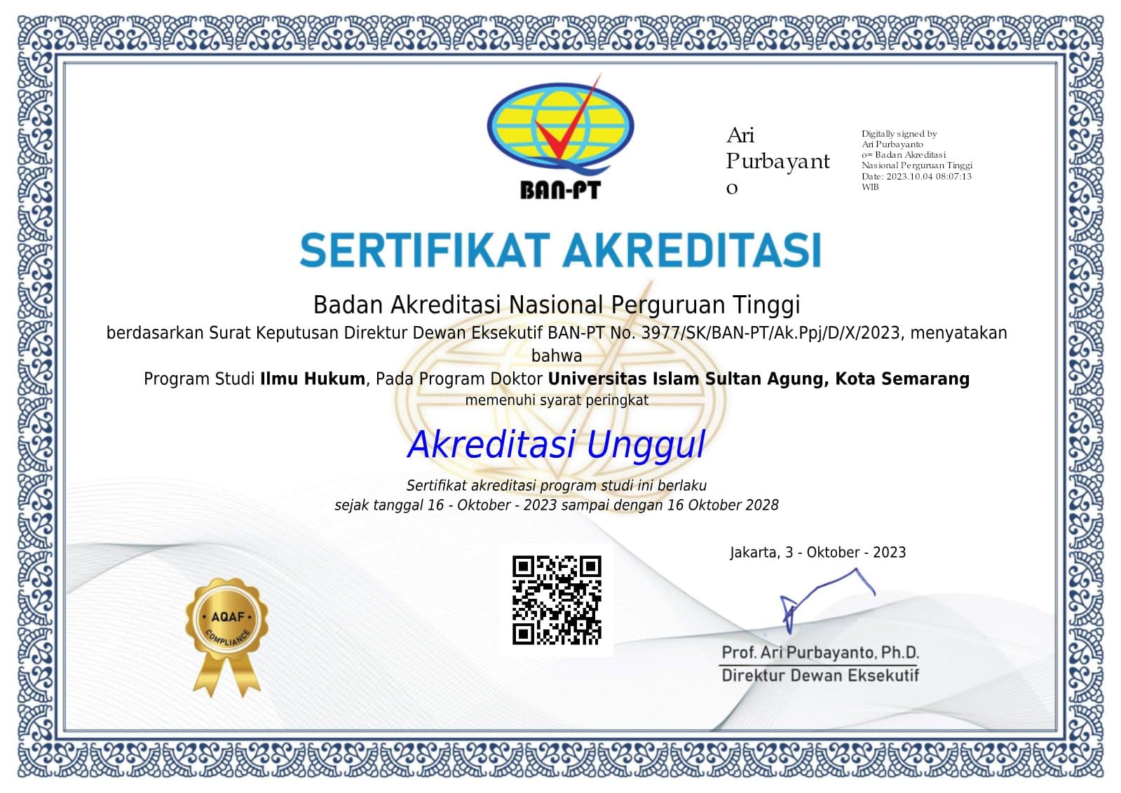 Certificate — Doctoral Program in Law (S3)